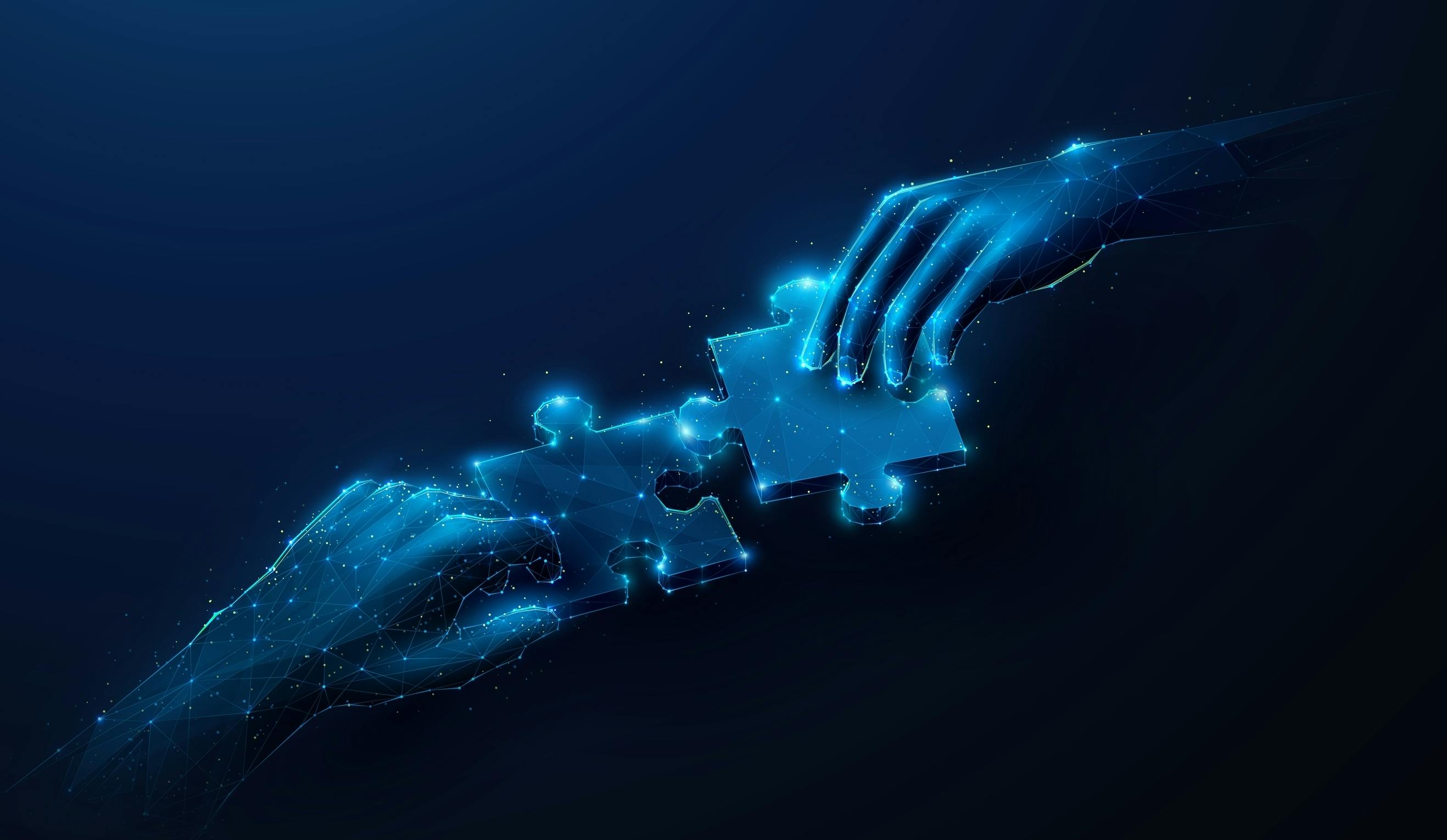 Abstract illustration of two hands holding puzzle pieces approaching in low poly style. Blue geometric background depicting synergy partnership and business teamwork concept by wireframe mesh