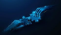 Abstract illustration of two hands holding puzzle pieces approaching in low poly style. Blue geometric background depicting synergy partnership and business teamwork concept by wireframe mesh Abstract illustration of two hands holding puzzle pieces approaching in low poly style. Blue geometric background depicting synergy partnership and business teamwork concept by wireframe mesh