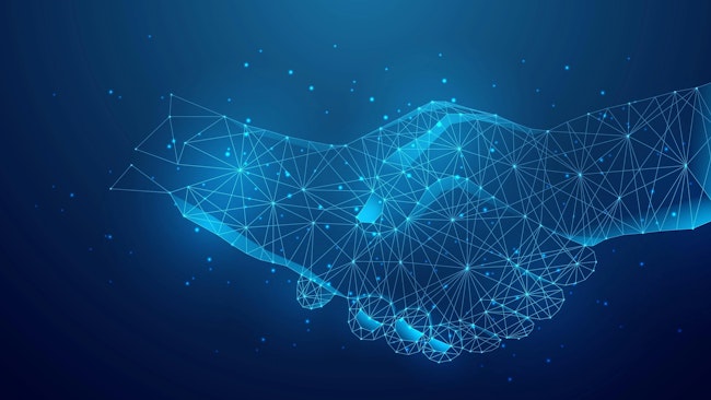 illustration of a business deal handshake and cooperation agreement. blue low poly style futuristic background.