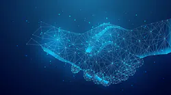 illustration of a business deal handshake and cooperation agreement. blue low poly style futuristic background.