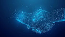 illustration of a business deal handshake and cooperation agreement. blue low poly style futuristic background. illustration of a business deal handshake and cooperation agreement. blue low poly style futuristic background.