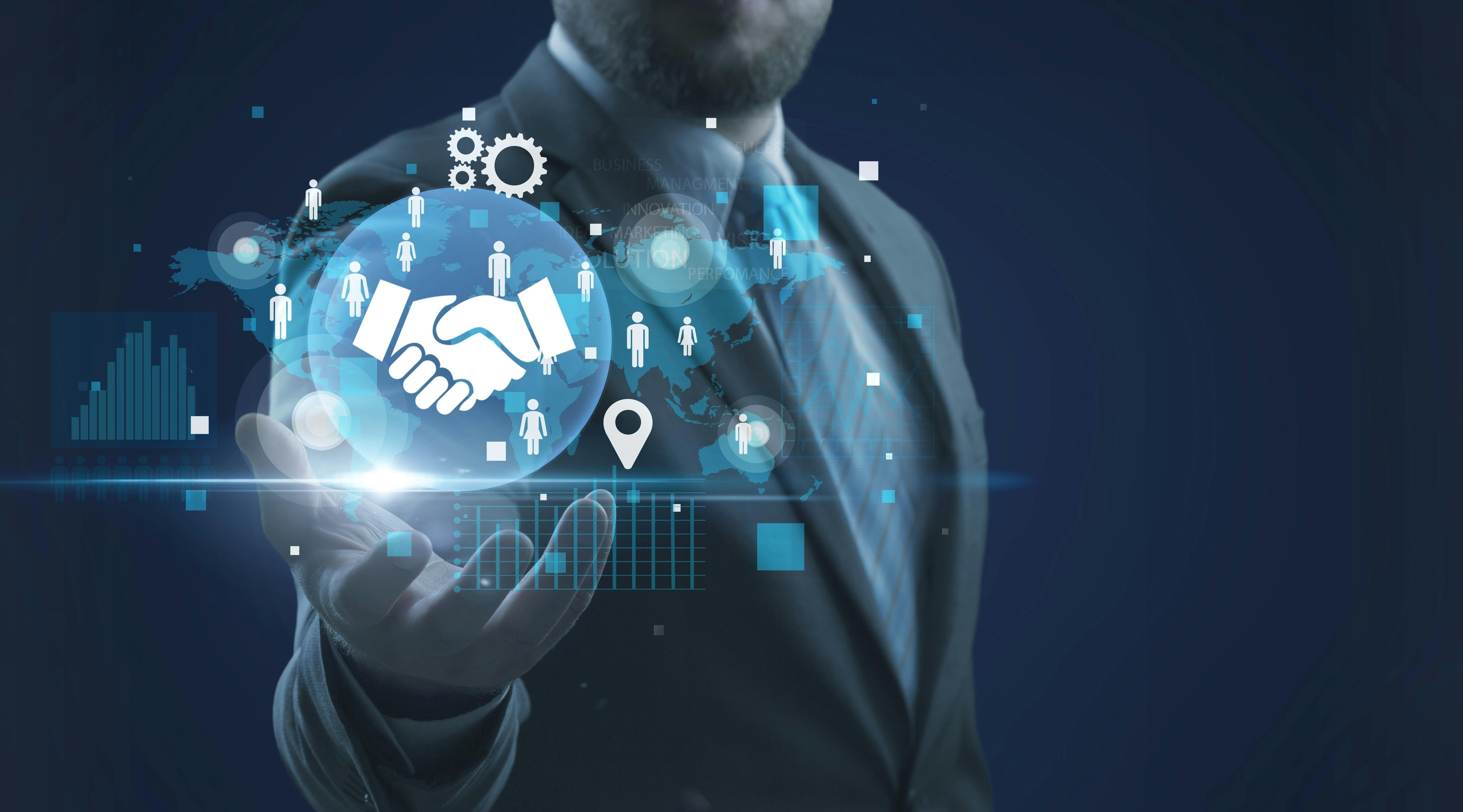 Business ecosystems, businessman hold handshake icon
