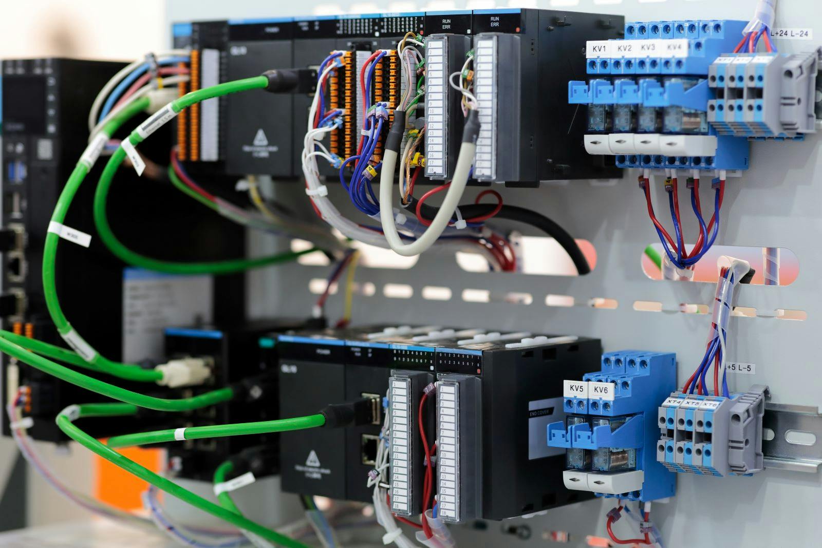 PLC based industrial automation system close up. Selective focus.
