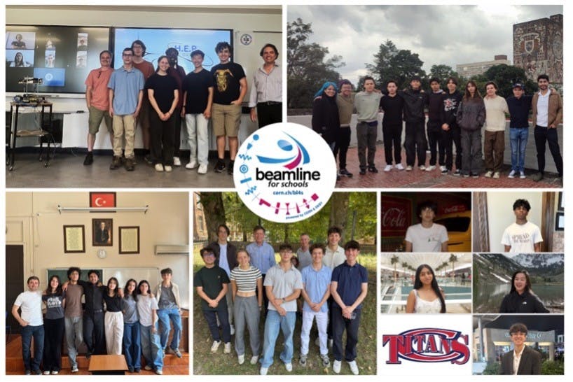 Winners of the 2025 CERN Beamline for Schools competition: Dawson Technicolor from Canada (top left), Pumas in Kollision from Mexico (top right), Physical from Turkey (bottom left), the Spallateam from Belgium (bottom center) and team XTReme from the United States (bottom right).