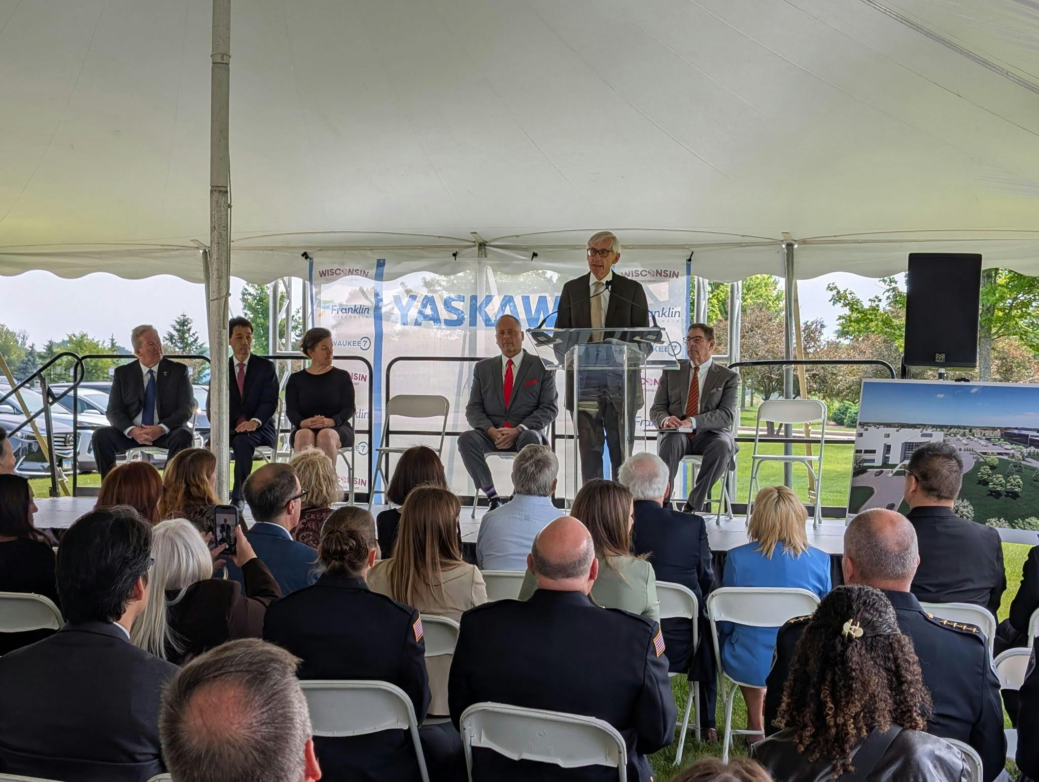 Wisconsin governor Tony Evers speaking at the Yaskawa America event
