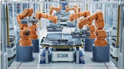 Row of Robot Arms inside Bright Plant Assemble Batteries for Automotive Industry. Row of Robot Arms inside Bright Plant Assemble Batteries for Automotive Industry.