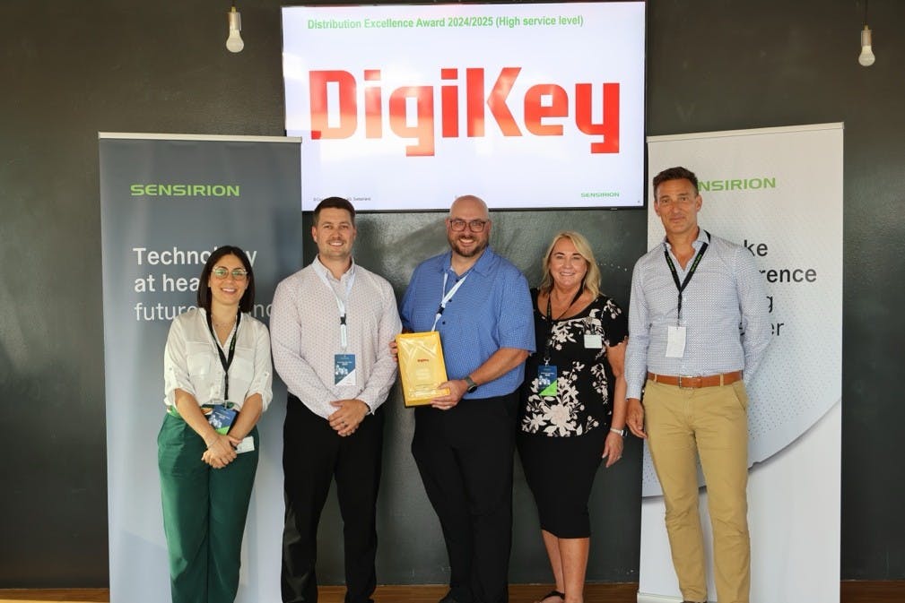 DigiKey and Sensirion leadership teams celebrate DigiKey receiving the 2025 Distribution Excellence Award&mdash;High Service Level from Sensirion. Pictured from left: Gina Greco, Sean Sorteberg, Jason Gums, Diane Haynes and Andres Laib.