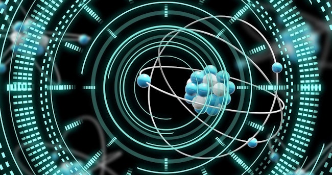 Image of atom model spinning and data processing on black background. Global science, research, connections, computing and data processing concept digitally generated image.