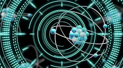 Image of atom model spinning and data processing on black background. Global science, research, connections, computing and data processing concept digitally generated image.