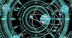 Image of atom model spinning and data processing on black background. Global science, research, connections, computing and data processing concept digitally generated image. Image of atom model spinning and data processing on black background. Global science, research, connections, computing and data processing concept digitally generated image.