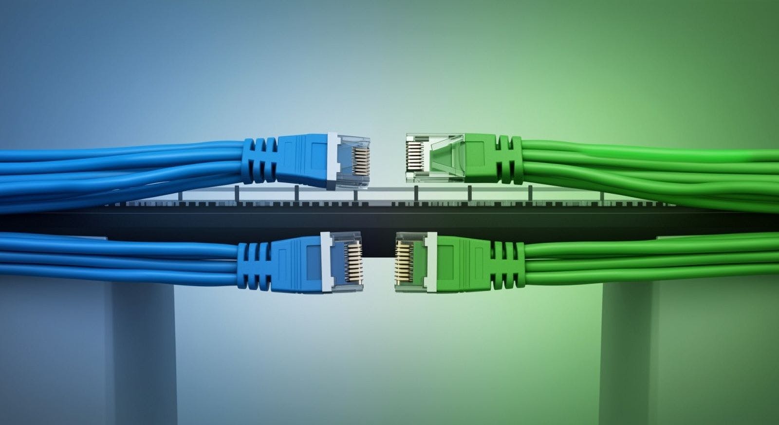 An image showing a bridge connecting blue cables on one side and green cables on the other side. The blue cables represent traditional 4-pair Ethernet, and the green cables represent Single Pair Ethernet.