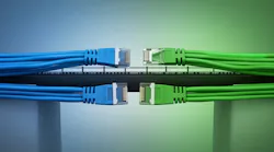 An image showing a bridge connecting blue cables on one side and green cables on the other side. The blue cables represent traditional 4-pair Ethernet, and the green cables represent Single Pair Ethernet.