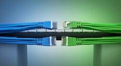 An image showing a bridge connecting blue cables on one side and green cables on the other side. The blue cables represent traditional 4-pair Ethernet, and the green cables represent Single Pair Ethernet. An image showing a bridge connecting blue cables on one side and green cables on the other side. The blue cables represent traditional 4-pair Ethernet, and the green cables represent Single Pair Ethernet.