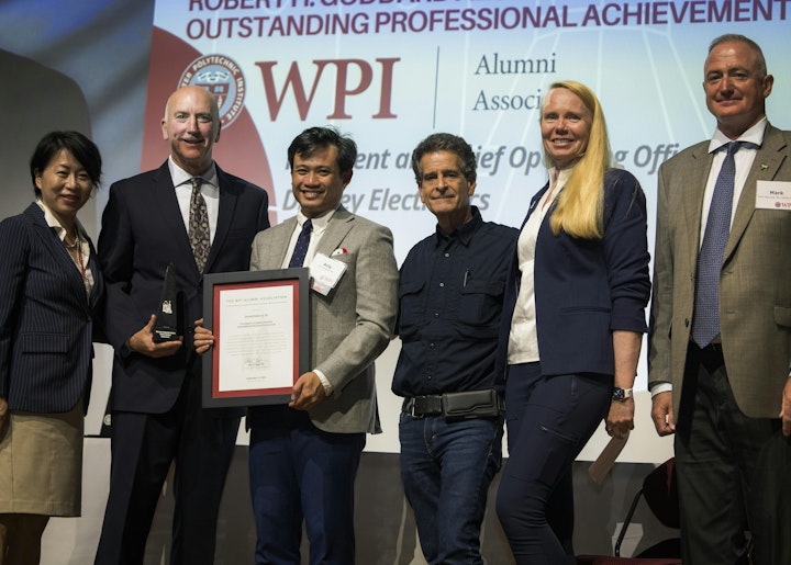 Pictured (from left): Grace Wang, WPI president; Doherty; Arly Dungca, WPI alumni association president; Dean Kamen, founder of DEKA Research and FIRST; Maureen Toohey, managing member, Toohey Law Group and deputy executive director, Advanced Regenerative Manufacturing Institute (ARMI); and Mark Macaulay, WPI alumni association citations committee chair.