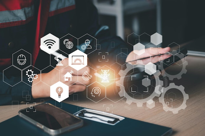 Engineering services concept. Electrical engineer use computer laptop checking and analysis data of power plant station project, internet system network, electric, energy, robotic.