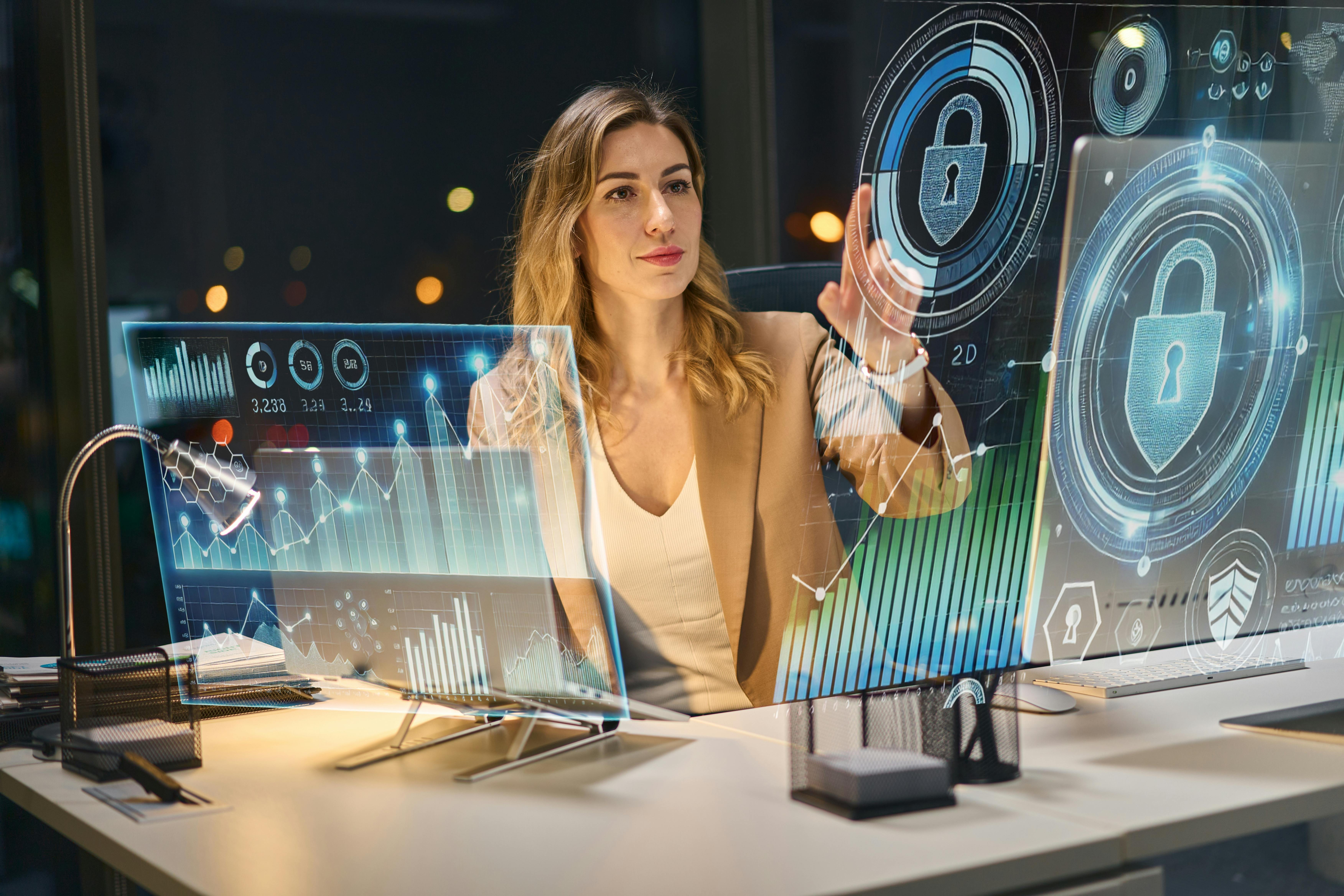 Professional Cybersecurity Analyst Interacting With Futuristic Digital Data On Holographic Screens