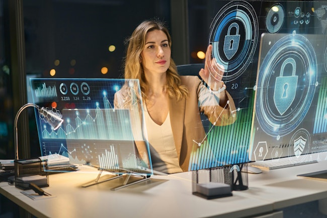 Professional Cybersecurity Analyst Interacting With Futuristic Digital Data On Holographic Screens