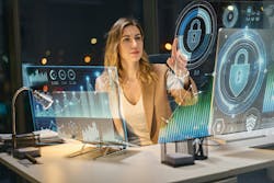 Professional Cybersecurity Analyst Interacting With Futuristic Digital Data On Holographic Screens Professional Cybersecurity Analyst Interacting With Futuristic Digital Data On Holographic Screens