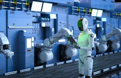 Automation factory concept with 3d rendering humanoid robot working with robot assembly line in factory Automation factory concept with 3d rendering humanoid robot working with robot assembly line in factory