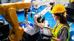 Professional and intelligence female engineer used her technical hard skill to fix, repair or maintenance machine robotic arm in factory or industrial, examining or welding automobile machine workshop Professional and intelligence female engineer used her technical hard skill to fix, repair or maintenance machine robotic arm in factory or industrial, examining or welding automobile machine workshop