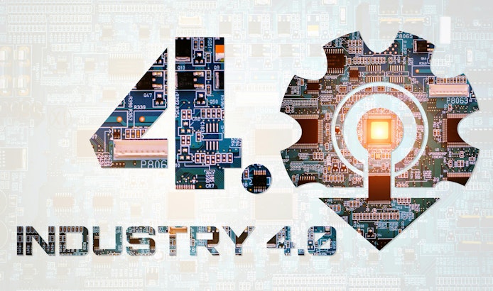 Industry 4.0 concept . Number 4 and gear texts electronic circuit board with processor