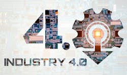 Industry 4.0 concept . Number 4 and gear texts electronic circuit board with processor Industry 4.0 concept . Number 4 and gear texts electronic circuit board with processor