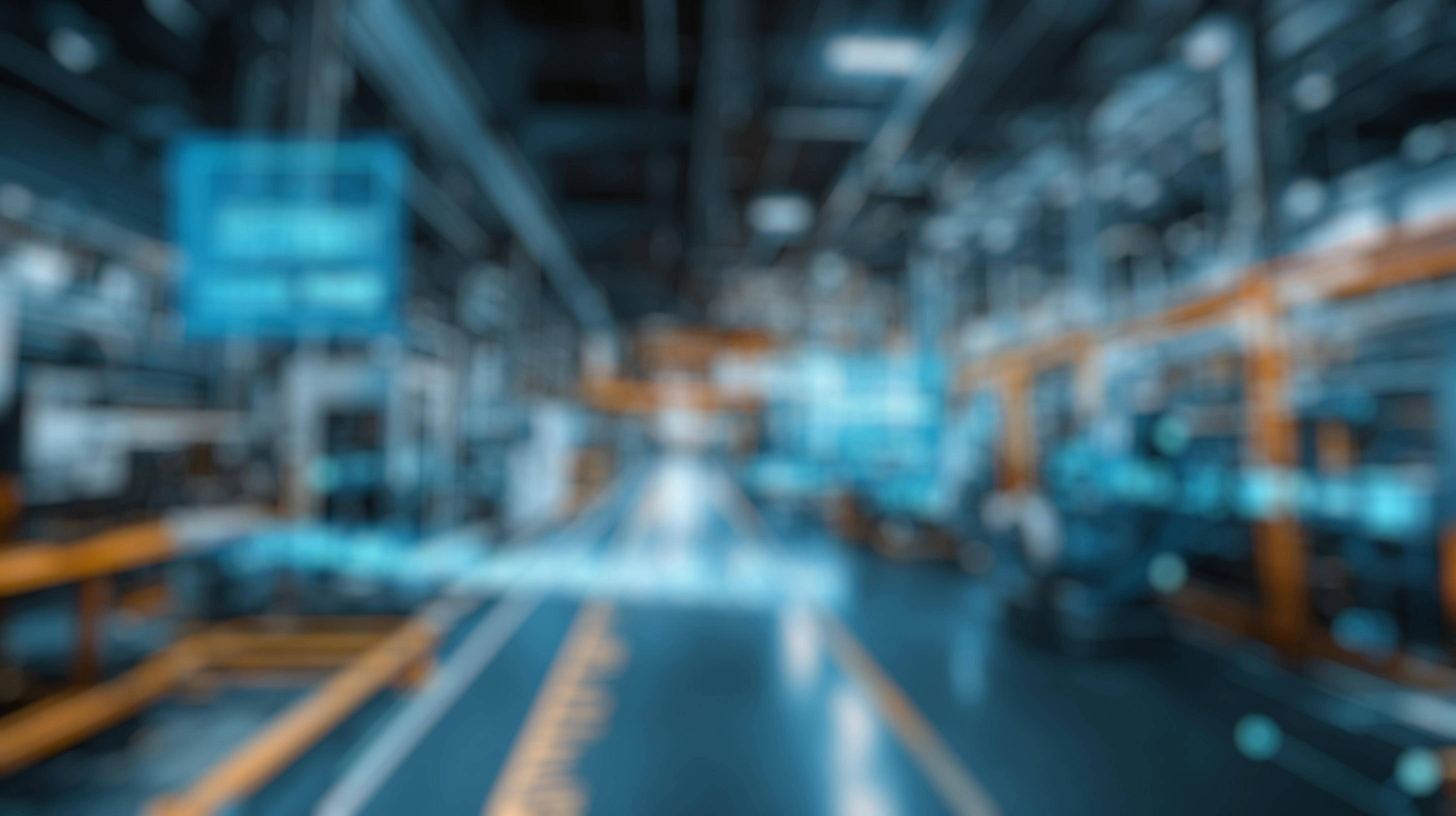 Defocused Background of Modern Industrial Factory Interior with Digital Data Overlay and High-Tech Machinery for Advanced Manufacturing. Blurred Background Photo.
