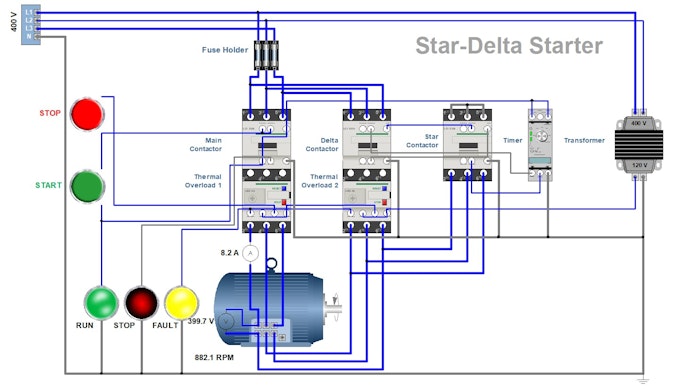 This is an example of a star-delta circuit simulated in Automation Studio. The motor is running.
