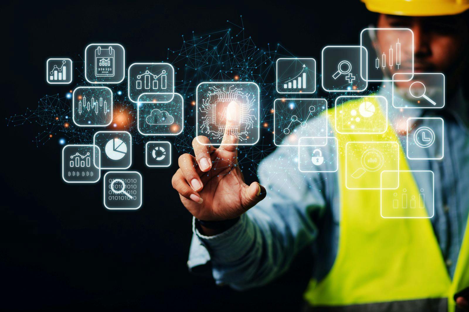Engineer or computer programmer Demonstration of AI-powered technologies. Smart industrial cogs through smartphones automate the process of innovation. electronic engineering concept