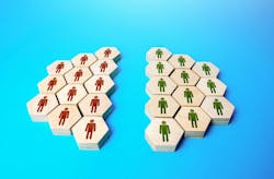 The group of people is divided equally on the issue. Two camps of thought. Integrity violation. Opinion differences. Merging into a organization. Association breakup. Reconciliation. Community split. The group of people is divided equally on the issue. Two camps of thought. Integrity violation. Opinion differences. Merging into a organization. Association breakup. Reconciliation. Community split.