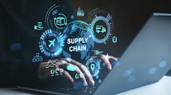 Hands typing on laptop with glowing hologram supply chain icons, futuristic graphic style, dark background, concept of global logistics technology Hands typing on laptop with glowing hologram supply chain icons, futuristic graphic style, dark background, concept of global logistics technology