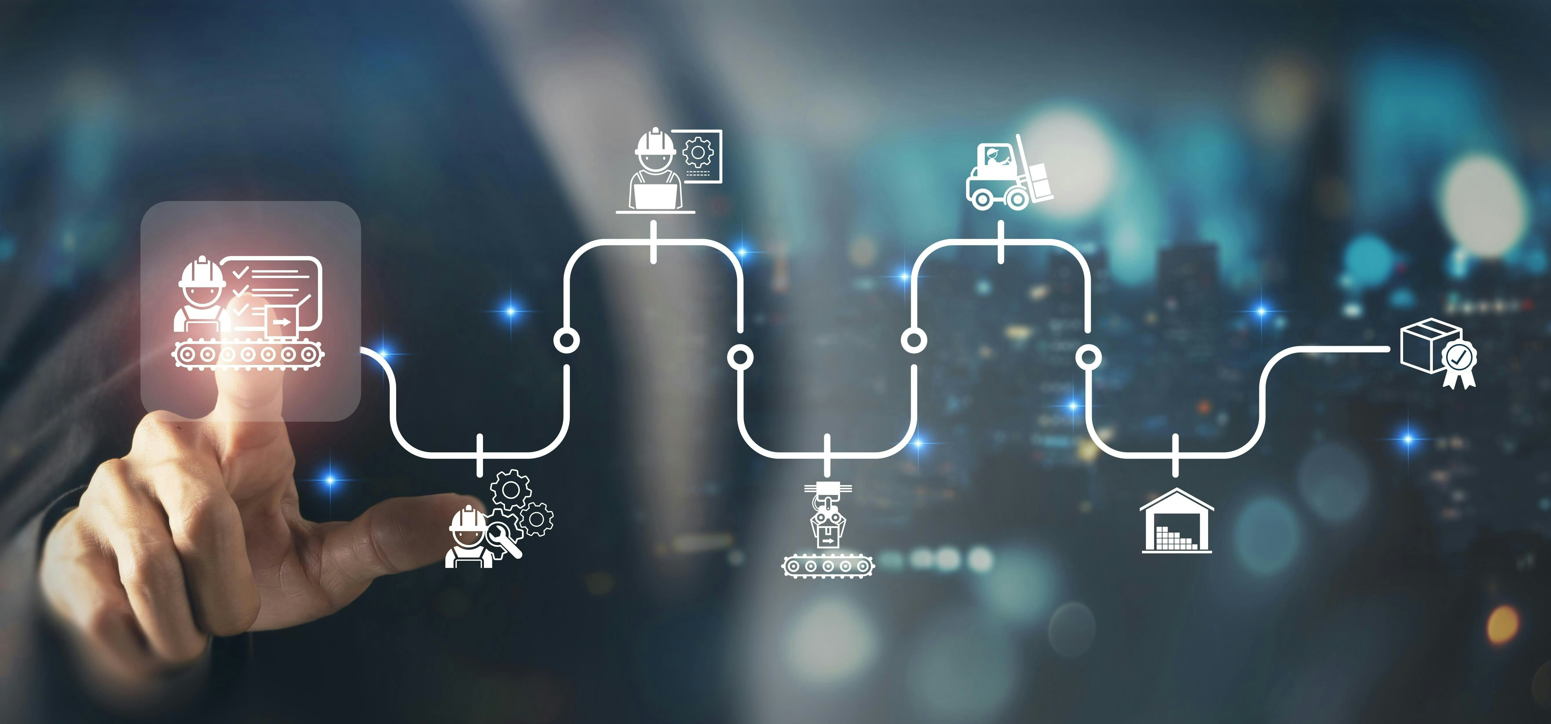 Production Management Concept. Interacting with virtual icon representing production planning and control, symbolizing effective production management, operational strategy, and process optimization.