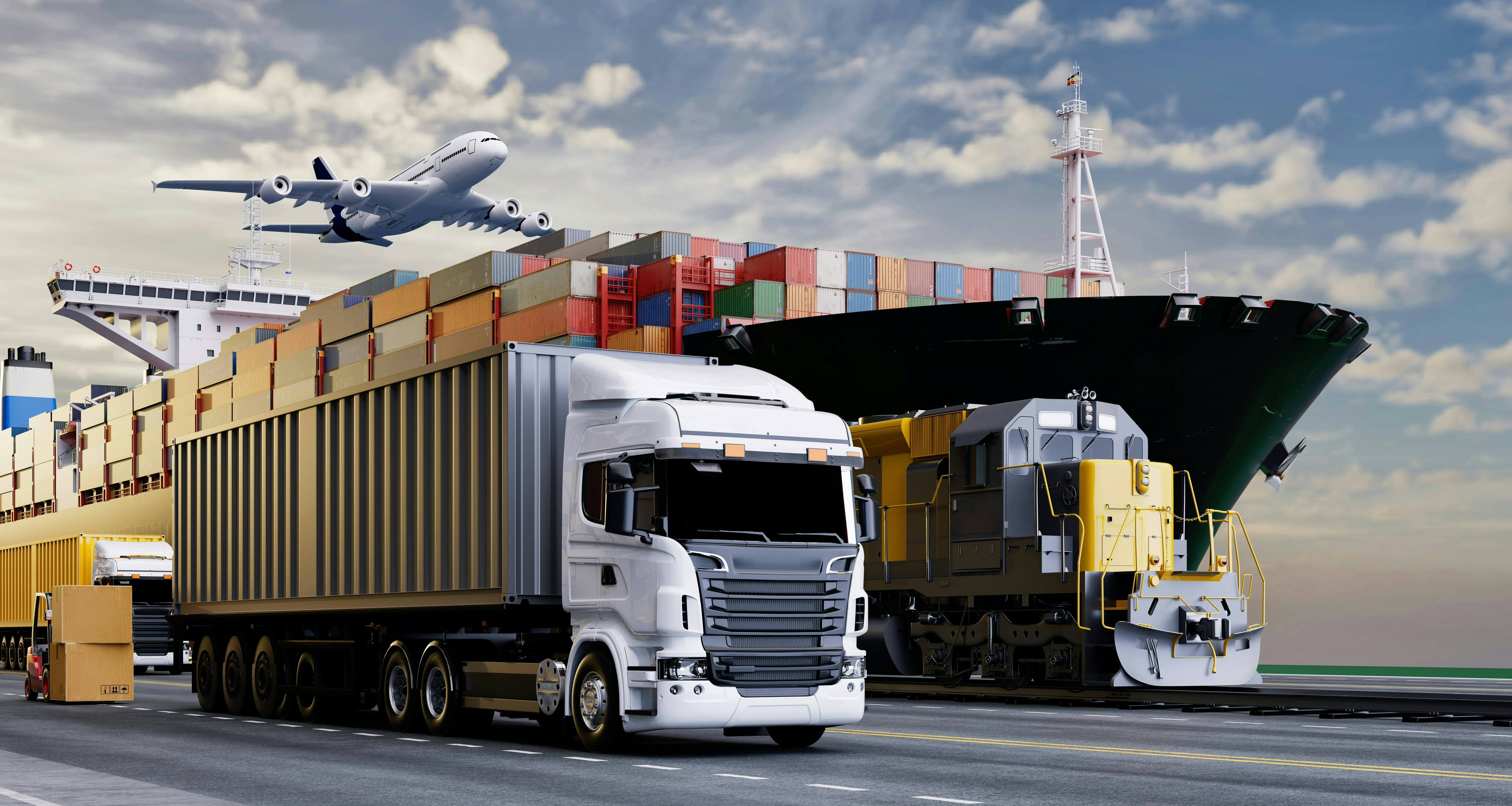 3D illustration of global logistics with cargo ship, freight train, truck, and airplane, representing international transportation and trade.