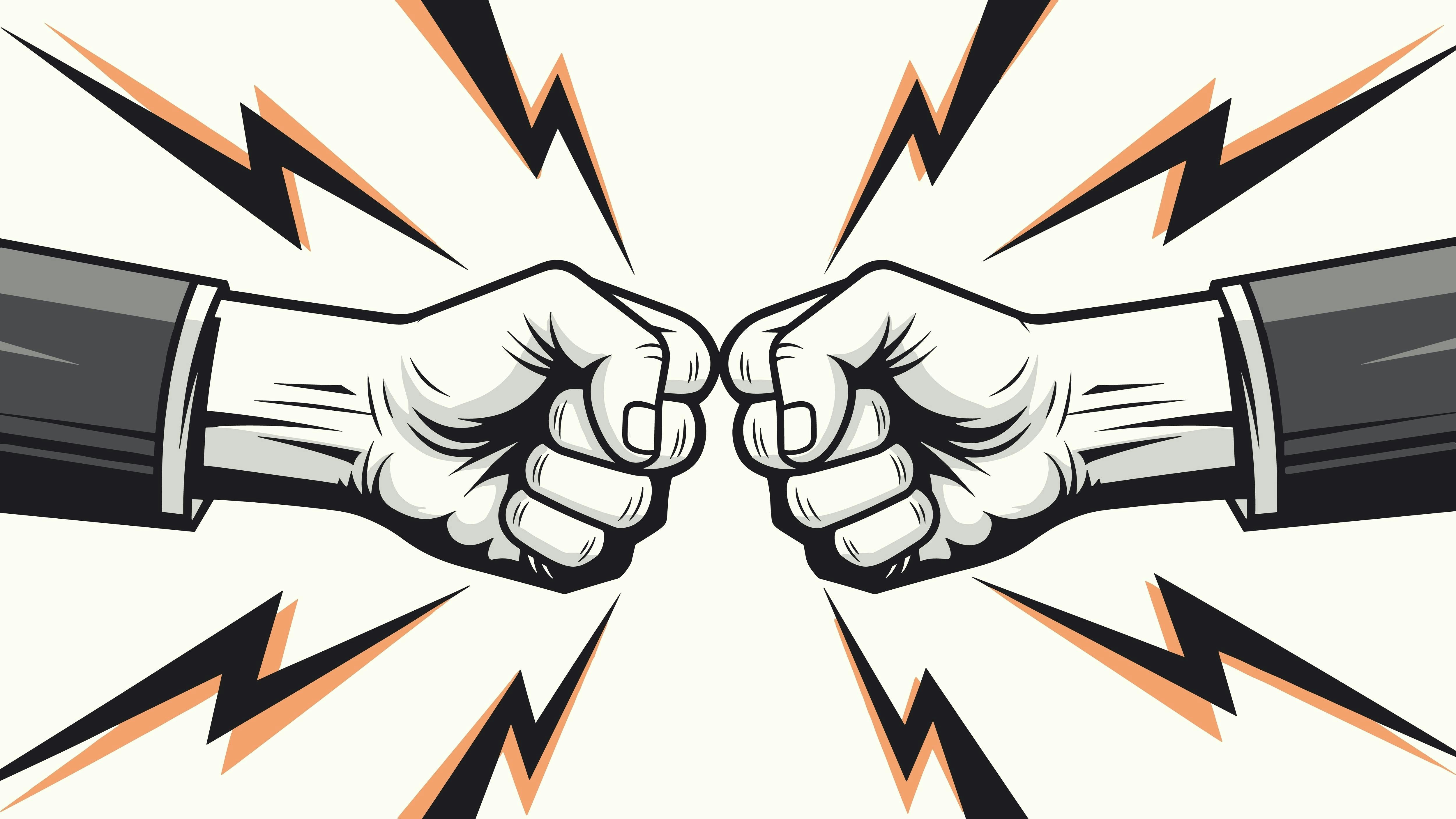 Two hands in business suits performing a fist bump are shown with orange lightning bolts, symbolizing a successful deal and collaboration.