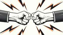 Two hands in business suits performing a fist bump are shown with orange lightning bolts, symbolizing a successful deal and collaboration.