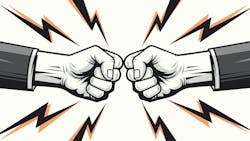 Two hands in business suits performing a fist bump are shown with orange lightning bolts, symbolizing a successful deal and collaboration. Two hands in business suits performing a fist bump are shown with orange lightning bolts, symbolizing a successful deal and collaboration.
