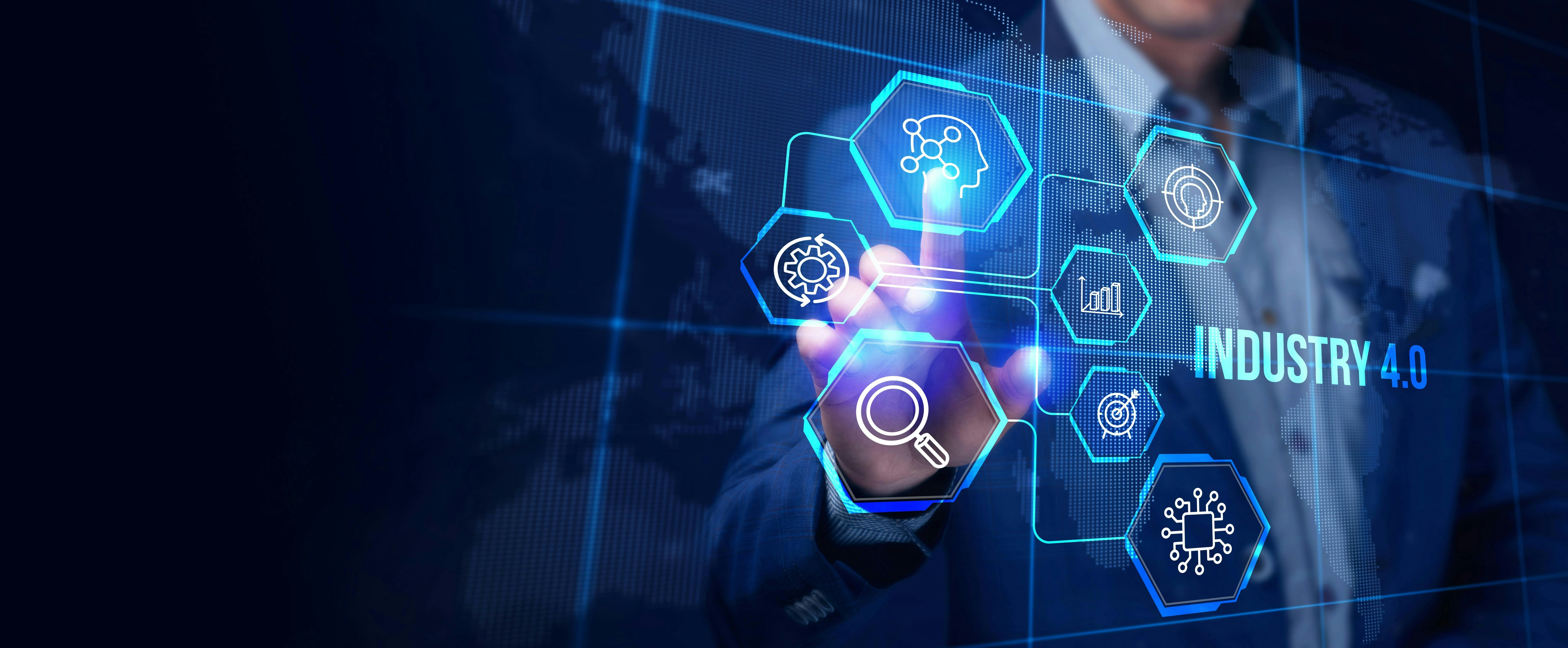 Industry 4.0 Cloud computing, physical systems, IOT, cognitive computing industry concept on a blue background