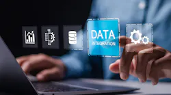 Data Integration concept. Businessman use laptop with virtual system integration technology. Industrial and smart technology. Business and automation solutions.