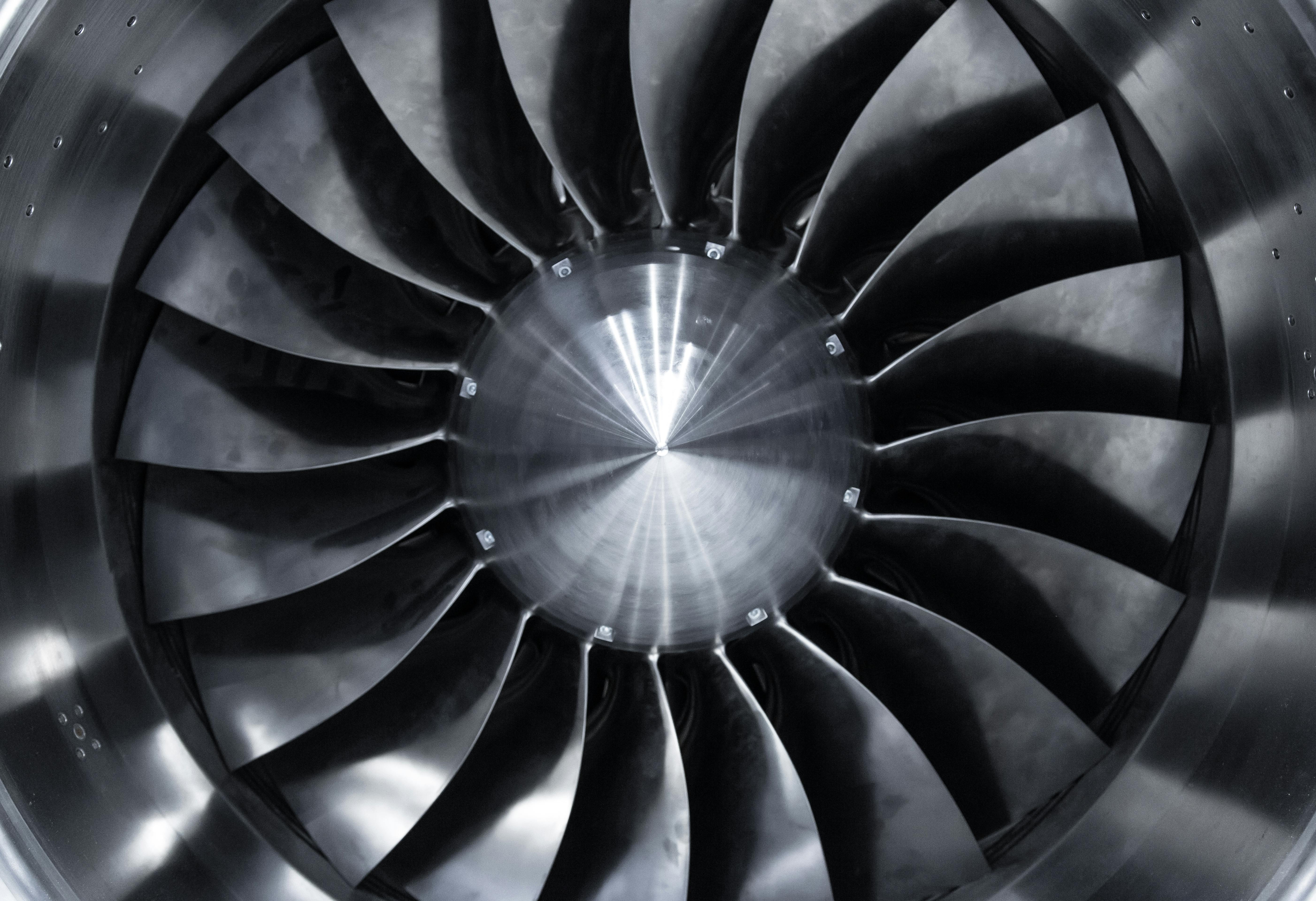 jet engine blades closeup, turbine of airplane