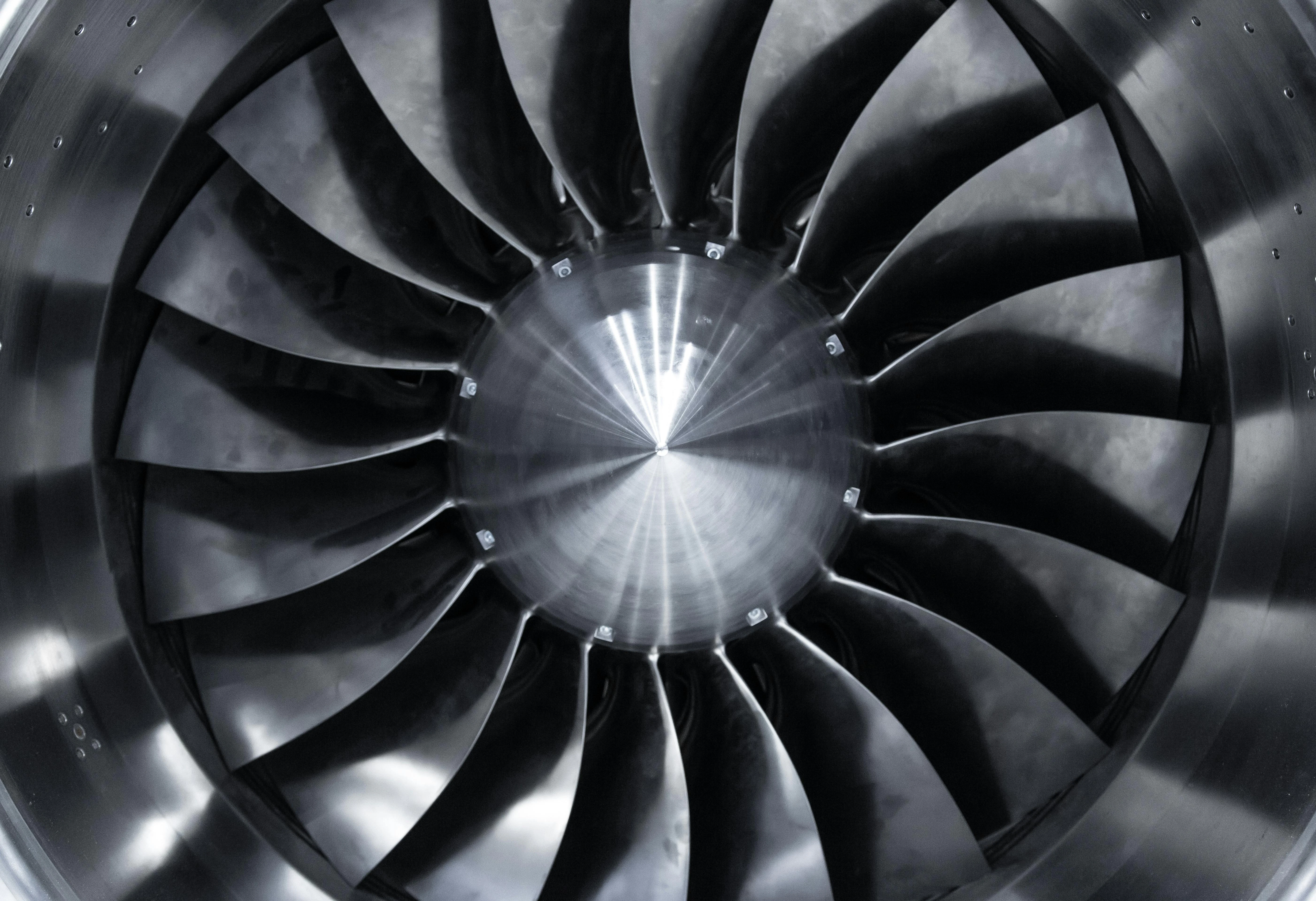 jet engine blades closeup, turbine of airplane