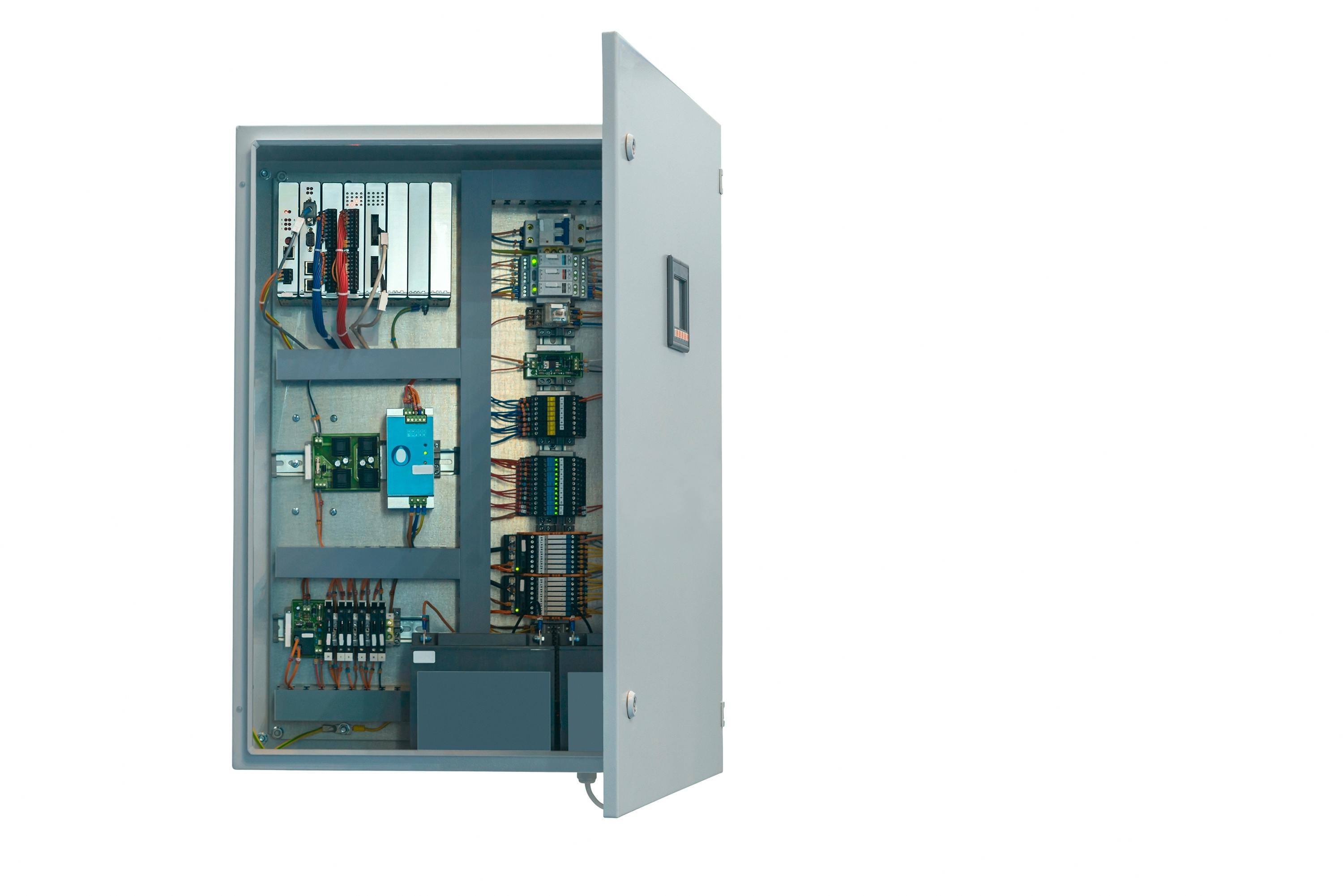modern electric control cabinet with open door isolated on a white background