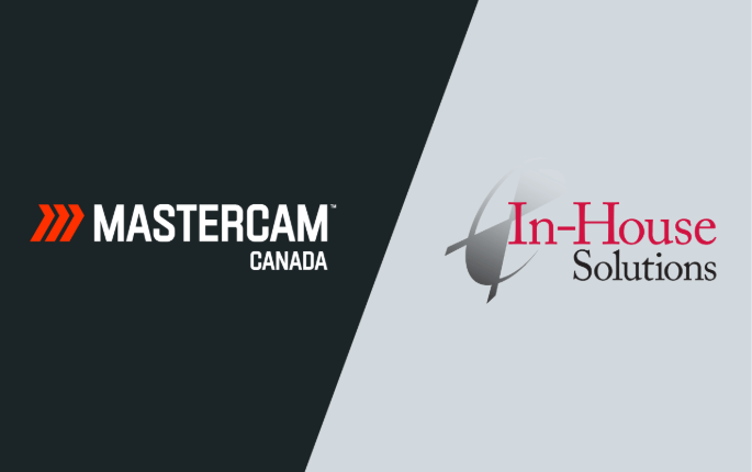 Mastercam and In House Solutions logos, paired next to each other on black and gray backgrounds respectively
