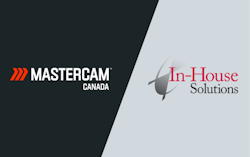 Mastercam and In House Solutions logos, paired next to each other on black and gray backgrounds respectively Mastercam and In House Solutions logos, paired next to each other on black and gray backgrounds respectively