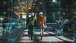 Two Engineers in Helmets and Safety Vests Walk Through High Tech Factory Enhanced by Glowing AR Grid. Two Engineers in Helmets and Safety Vests Walk Through High Tech Factory Enhanced by Glowing AR Grid.