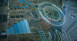 Grasping hand connecting Ethernet cables to patch panel ports at data center, with digital overlays. Technology, infrastructure, connectivity, data, industrial, digital, networking Grasping hand connecting Ethernet cables to patch panel ports at data center, with digital overlays. Technology, infrastructure, connectivity, data, industrial, digital, networking