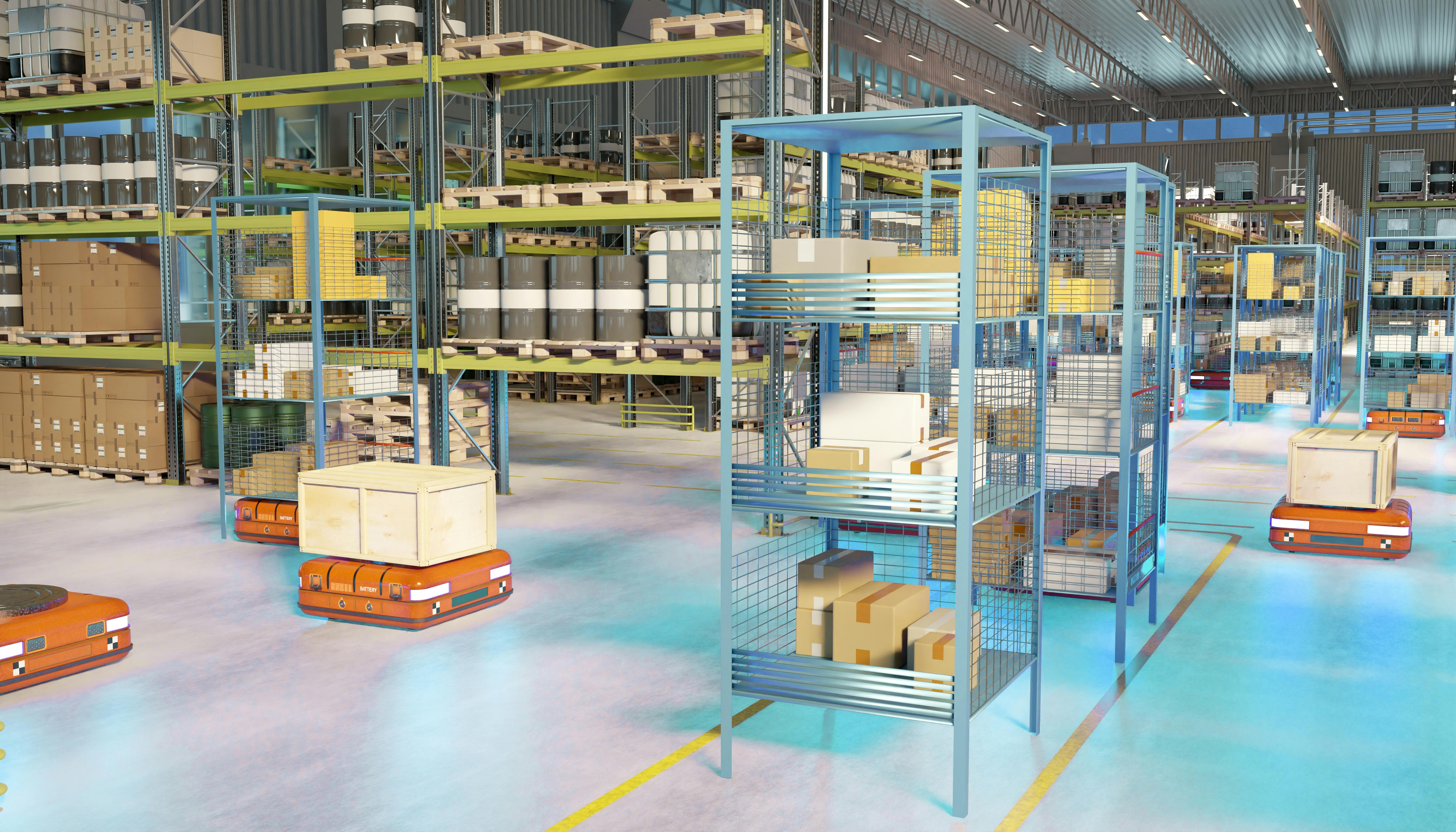 Smart warehouse with robotic vehicles transporting wooden crates and boxes, shelves filled with goods, and automated systems for efficient supply.