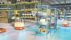 Smart warehouse with robotic vehicles transporting wooden crates and boxes, shelves filled with goods, and automated systems for efficient supply. Smart warehouse with robotic vehicles transporting wooden crates and boxes, shelves filled with goods, and automated systems for efficient supply.