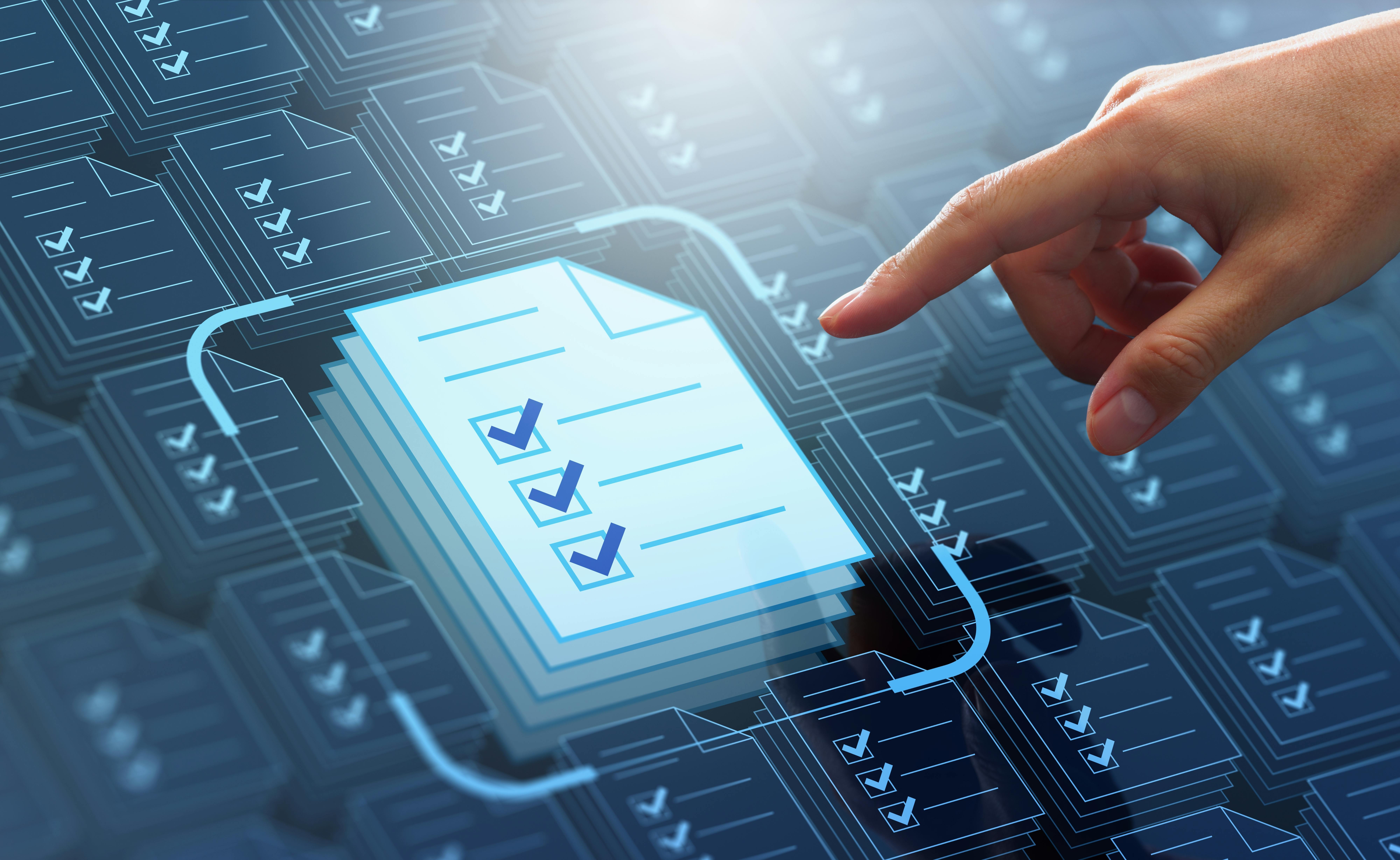 Business compliance of document management. Document or file icons and checkmark. Businessman stored documents on server according to law.