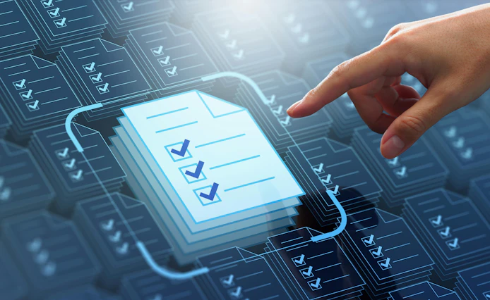 Business compliance of document management. Document or file icons and checkmark. Businessman stored documents on server according to law.