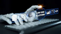 Futuristic Low Code Platform Concept with Human Hand Interacting with Digital Symbols and Technology Elements in a Dark Background Quark.